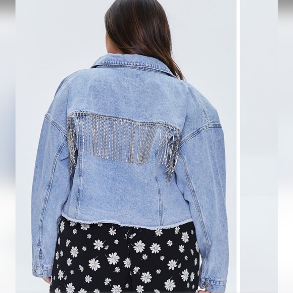 Forever 21 Plus Size Rhinestone Fringe Denim Jacket 1X - Picture 5 of 6